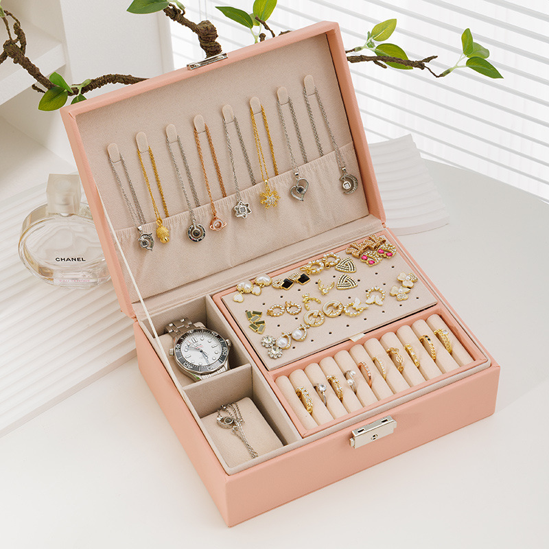 Nueva almohada de doble reloj con cerradura joyería de madera de doble capa caja de joyas pendientes caja de almacenamiento caja de joyería caja de regalo al por mayor