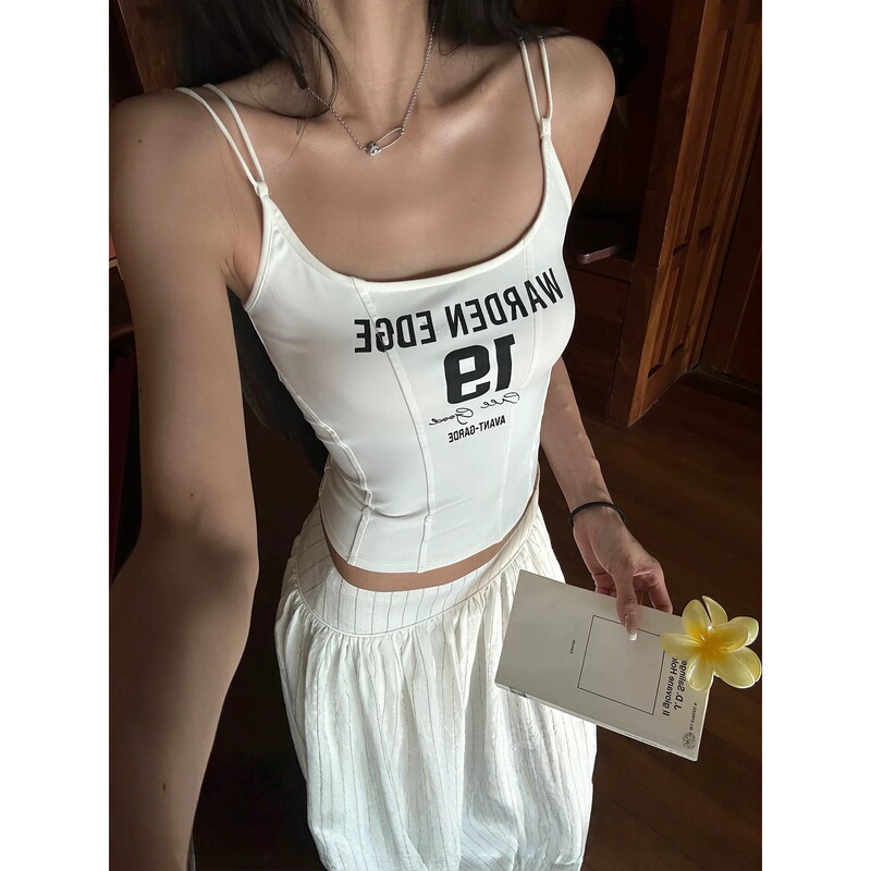 Korean H Sweet Wadren Egde Breakthrough Action White Printed Camisole Women's Slim Fit Outerwear Top