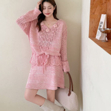 收腰花朵上衣针织半身裙两件套2025秋冬新款甜美温柔风毛衣套装女