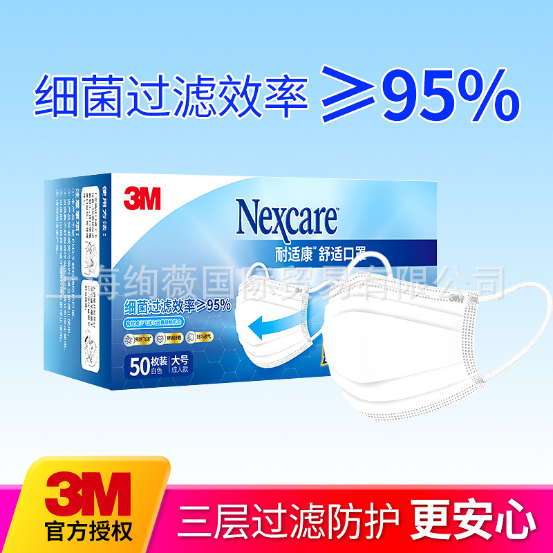 3M耐适康平口口罩大白舒适一次性三层过滤细菌防晒成人独立包装|ru