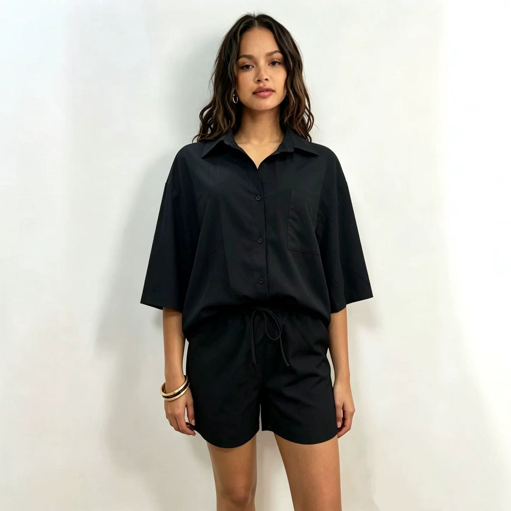 Women's Multi Color Collared Loose Fitting Shirt And Shorts Set Casual Solid Color Everyday Commuter Fashion_ecoleips.com