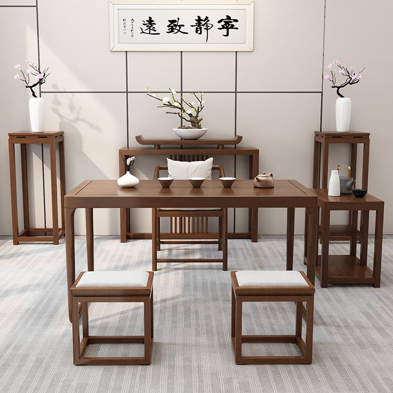 [럭셔리 매칭] 소나무 140 티 테이블 + 티 체어 + 사각 스툴*2 + 꽃꽂이*2 + 현관