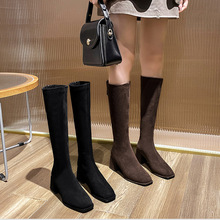 不过膝长靴女2025新款百搭绒面弹力靴高跟方头小个子长筒高筒靴子
