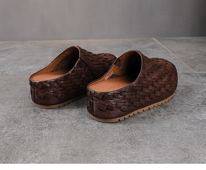 Sandal cao gót nữ da thật mũi nhọn đan thủ công, gót 9 cm — màu nâu chi tiết 15