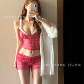 新款纯欲两件套红色格纹修身露脐吊带背心性感辣妹分体度假泳衣女
