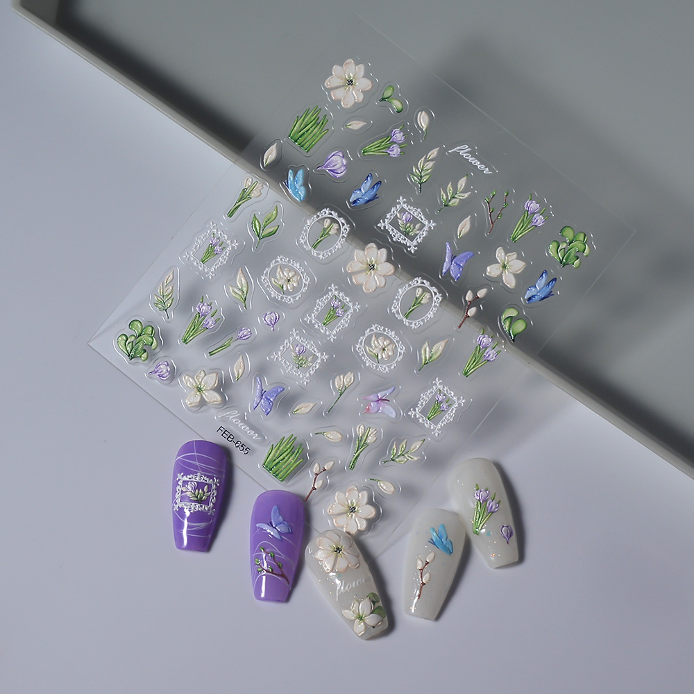 PVC Material Feb New Supply Relief Nail Stickers Three-Dimensional Hot Sale Flowers Nail Sticker Wear Nail Ornament