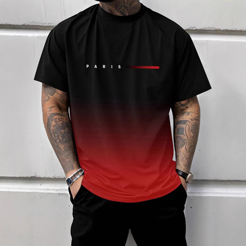 Street Trendy Design 2025 Summer Men's Versatile Gradient Letter Print Crew Neck T-Shirt