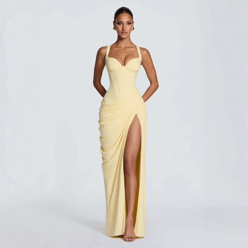 2026 European and American New Style Asymmetrical Pleated Sexy High-Slit French Strap U-Neck Pleated Slit Dress