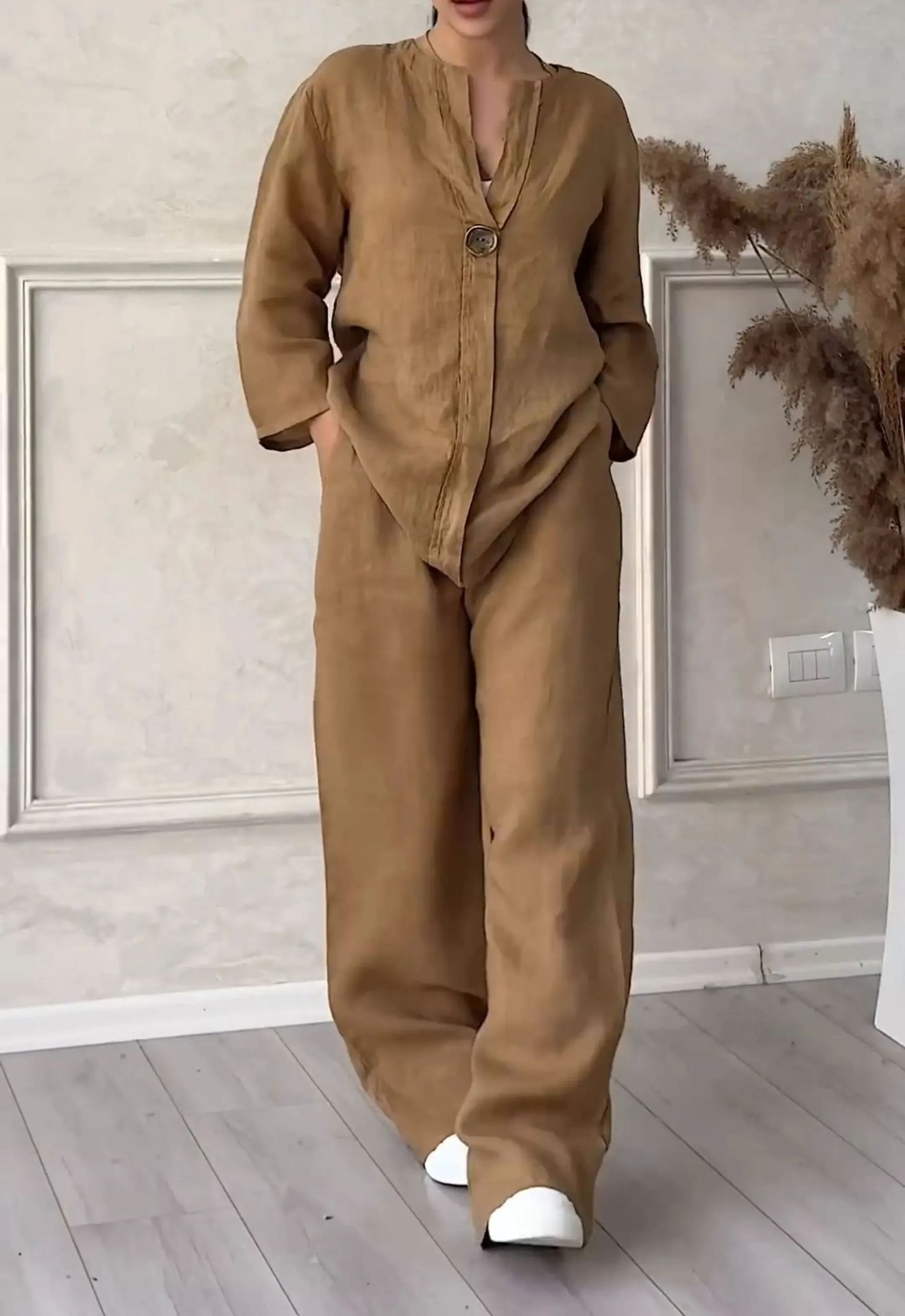 2-teiliges Set für Damenbekleidung, großes Hemdset aus Baumwolle und Leinen, hohe Taille, lockere Hose_voghion.com