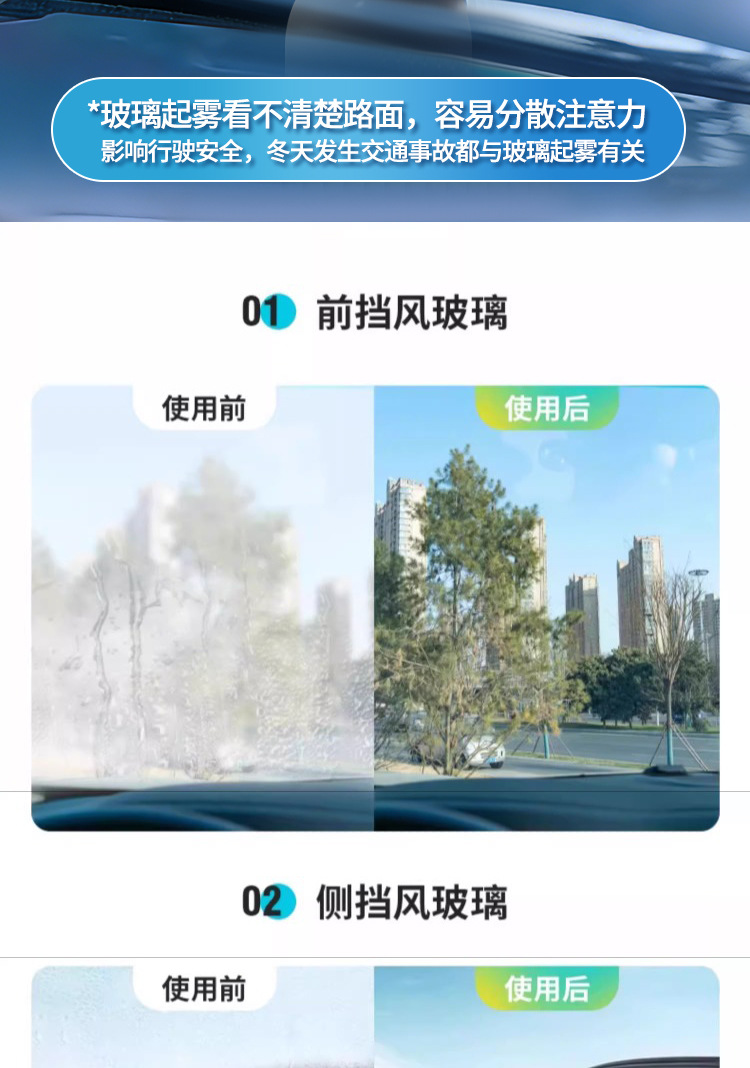 Anti-fog and anti-rain agent for car windshields, car window defogging spray, rearview mirror anti-rain and anti-fog car glass