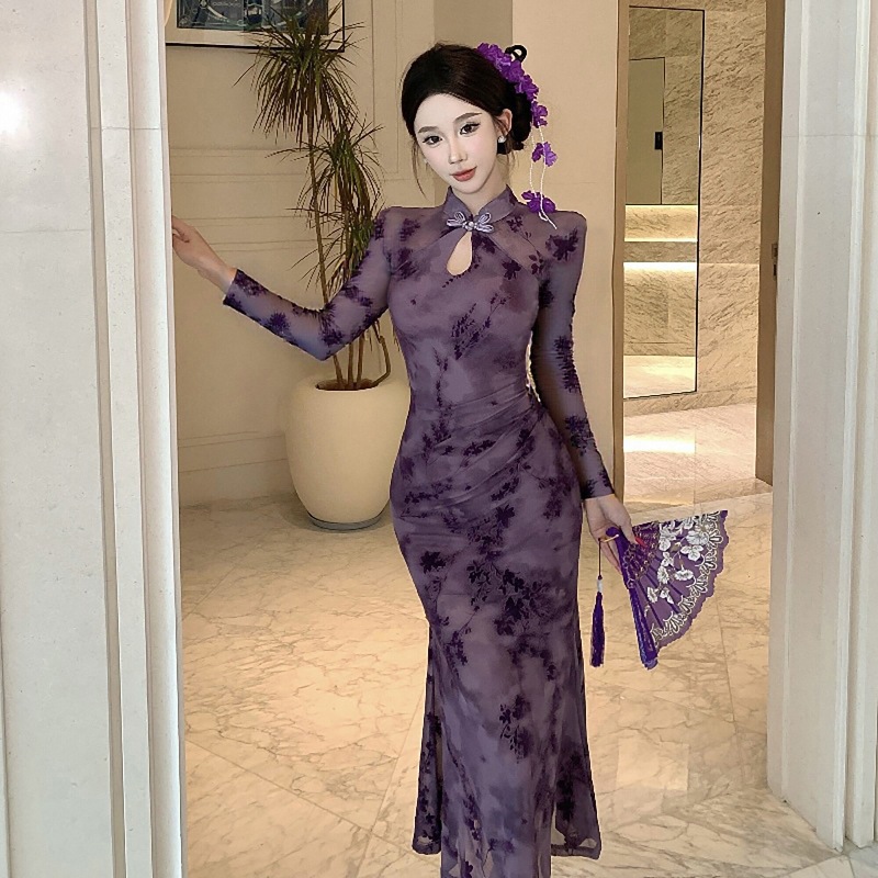 6758 New Chinese Retro Improved Version of Cheongsam New Flocked Burnt Flower Long-Sleeved Slim Fishtail Dress Long Skirt
