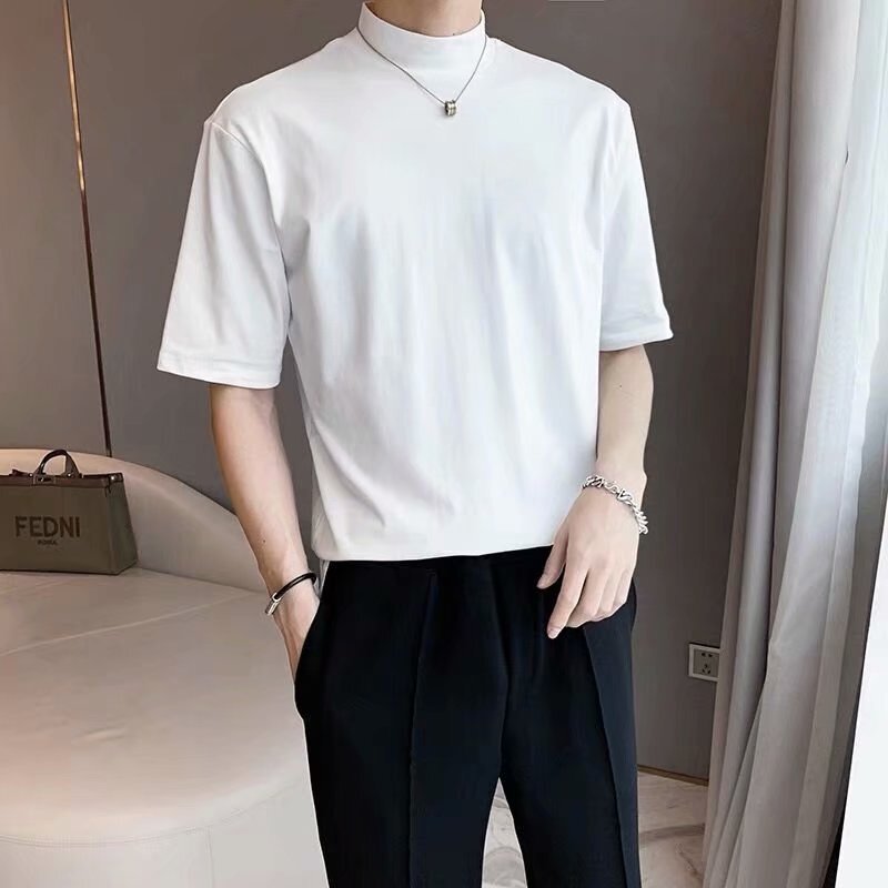 2022 Summer New Solid Color High Collar Casual Top Base Shirt Teenagers Light Mature Style Inner Short Sleeve T-shirt for Men