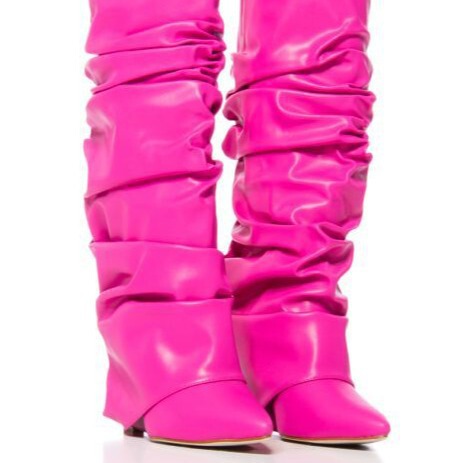 2024 New European and American Style Pointed-Toe Ruched Boots with Wedge Heels, Long Women's Fashion Knee-High Slouch Boots