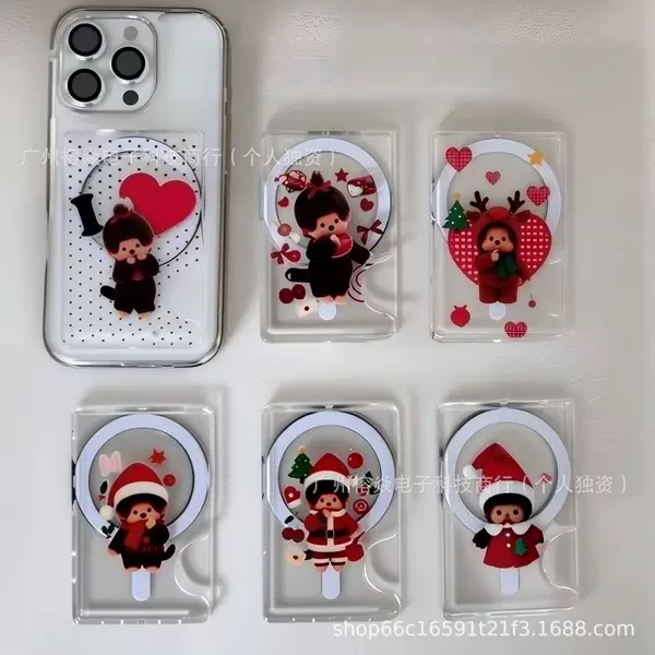 Monchhichi Magnetic Side-Push Card Holder Is Suitable for Ip18Pro/Samsung Transparent Back-Adhesive Cartoon-Style Cases