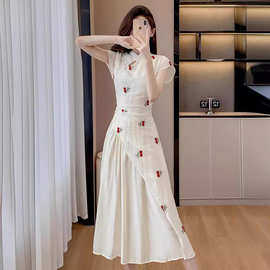 新中式国风旗袍连衣裙2024夏季樱桃印花仙女裙温柔淑女短袖文艺范