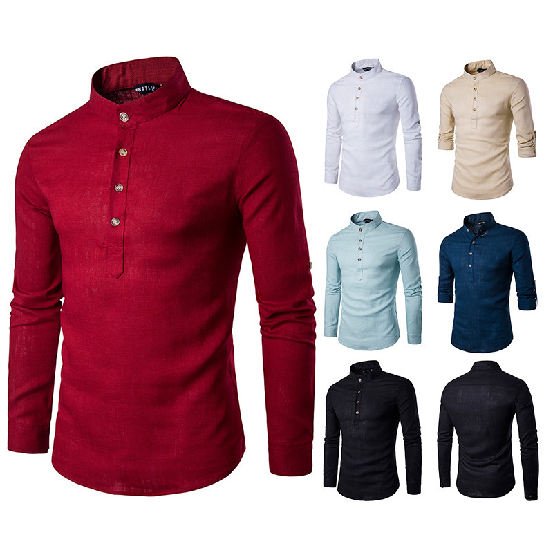 Amazon transfronterizo nuevos hombres de tamaño europeo de color sólido de algodón y lino camisa de manga larga Henry Collar de lino de color sólido camisa de cuello alto