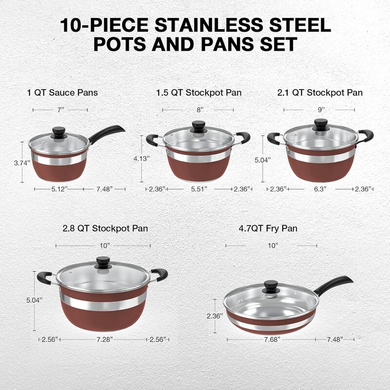 Stainless Steel Cookware Set, 10-Piece Pot Set with Tempered Glass Lids and Cool-Touch Handles, Dishwasher Safe Stainless Steel Cookware Set, 10-Piece Pot Set with Tempered Glass Lids and Cool-Touch Handles, Dishwasher Safe