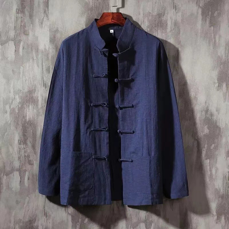 Chinese style cotton and linen long-sleeved shirt men's plus size vintage buckle Tang suit Chinese style hanfu linen shirt