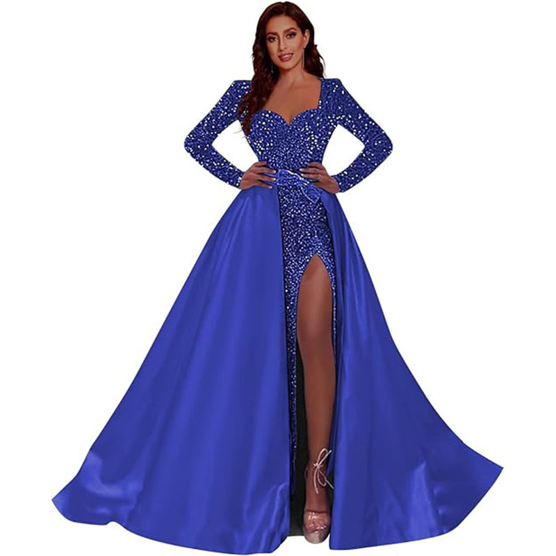 Foreign trade sequined long ball gown 2026 new model with slit, long sleeves, formal evening dress with detachable parts Foreign trade sequined long ball gown 2026 new model with slit, long sleeves, formal evening dress with detachable parts
