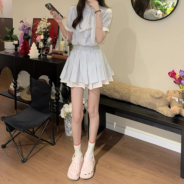 韓国カレッジスタイルストライプシャツパフスリーブドレス女性の夏の新しい気質デザインウエストスカート|undefined