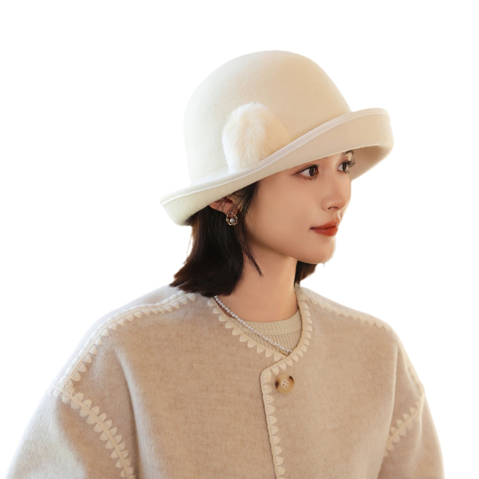 Women's Autumn/Winter Wool Rolled-Brim Bucket Hat Large Pom-Pom Fisherman's Hat Elegant And Warm Hat_voghion.com