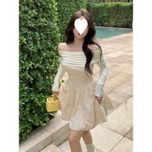 纯欲辣妹一字肩长袖连衣裙女秋季高级感气质蓬蓬裙收腰小个子短裙
