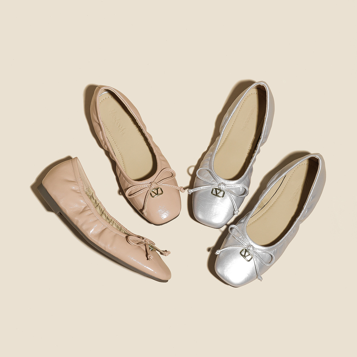 French-Style Square-Toe Women's Soft-Soled Shallow Bow Ballet Flats Versatile Large Size Women's Shoes Size 43