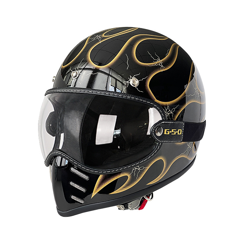 Motosiklet kaskı (dəbilqə) – Motuoche Helmet Full Face - black-with-gold-flames-transparent-visor-m55-56