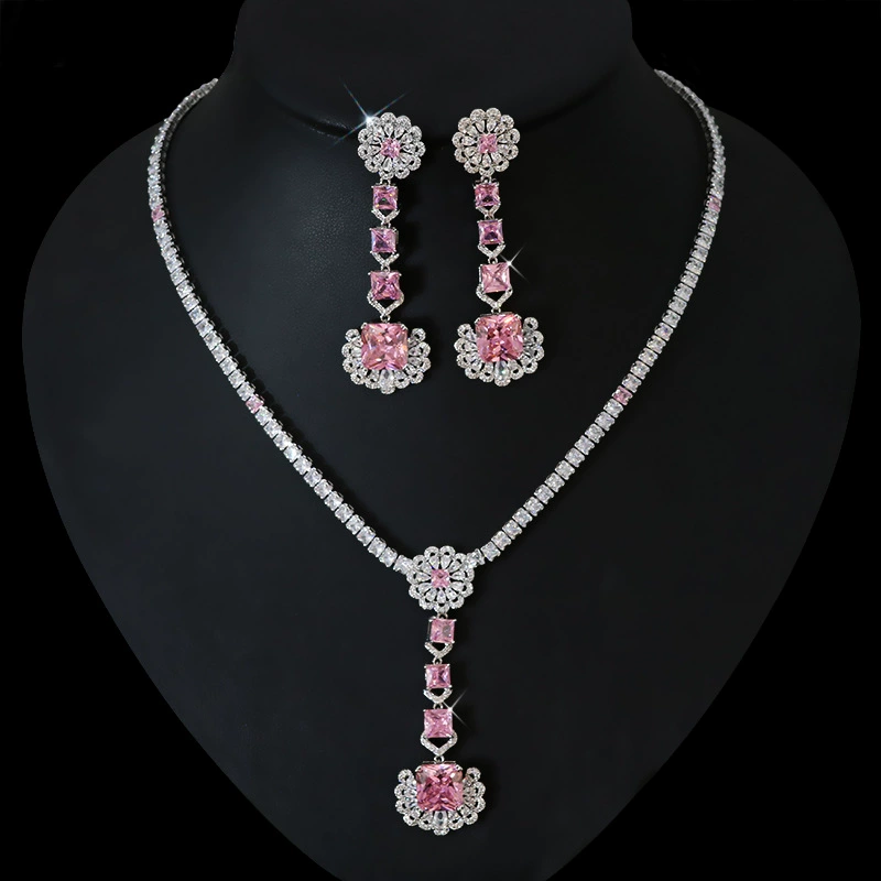 High-end zirconium, pendant, necklace and earrings, set for bride, wedding dress, accessory, light luxury style