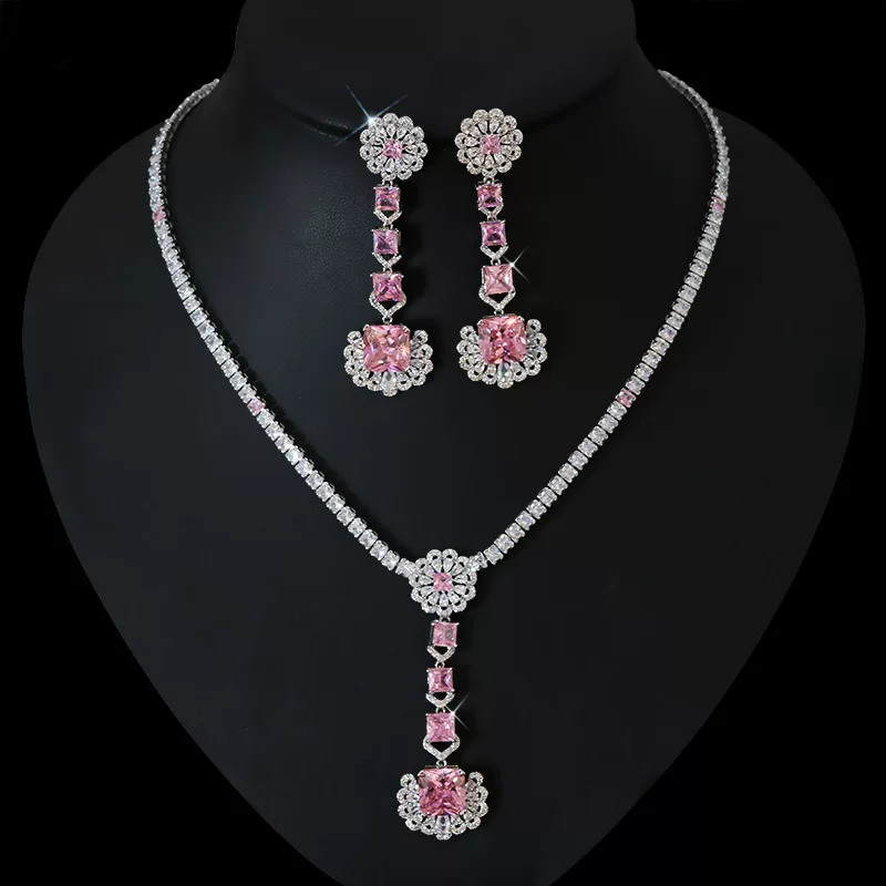 High-end zirconium, pendant, necklace and earrings, set for bride, wedding dress, accessory, light luxury style