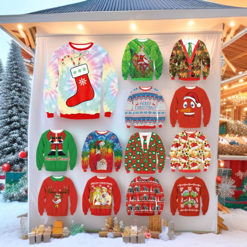 European and American cross-border e-commerce supply 3D digital printing Christmas round neck sweater pullover fake two-piece tie sweater European and American cross-border e-commerce supply 3D digital printing Christmas round neck sweater pullover fake two-piece tie sweater