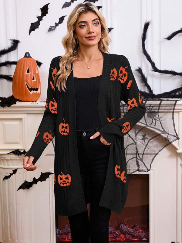 外国貿易クロスボーダー新しいヨーロッパとアメリカのセーター女性のためのアマゾンハロウィンパンプキンヘッドジャカードニットカーディガンジャケットセーター|undefined