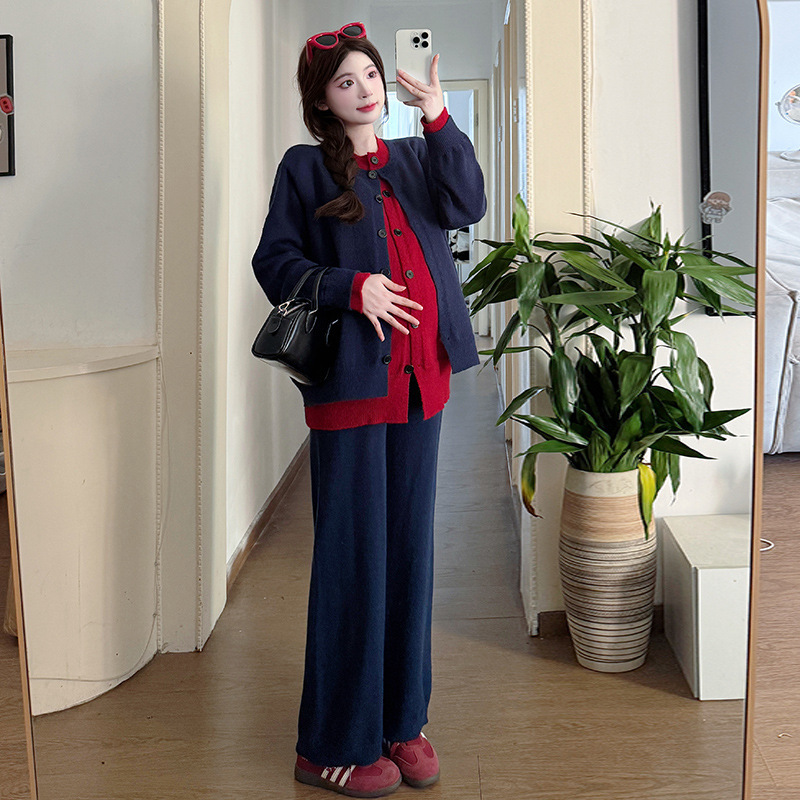 2025孕妇秋冬套装慵懒风简约撞色拼接假两件阔腿针织长裤两件套潮|undefined