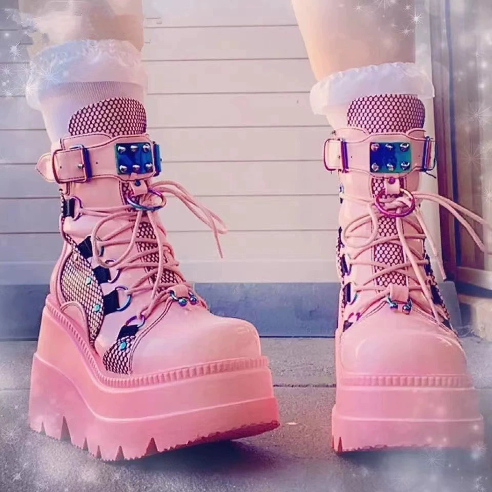 Platform boots Amazon 2022 collection, mid‑calf punk style, chunky sole, plus sizes 35–43