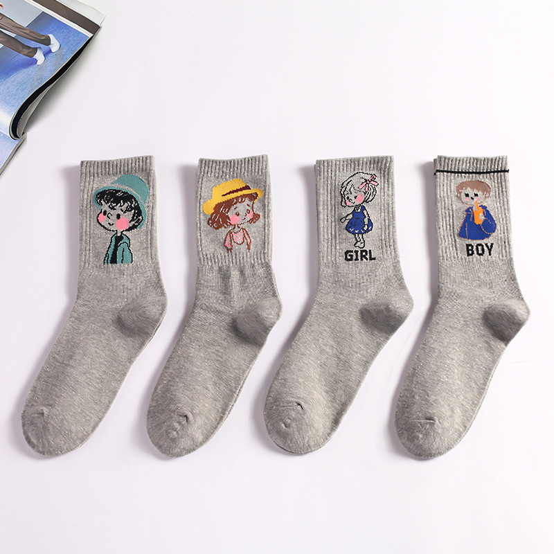 Socks men's cartoon letters gray women's socks high-top stockings ins fashion brand sports socks Korean fashion socks