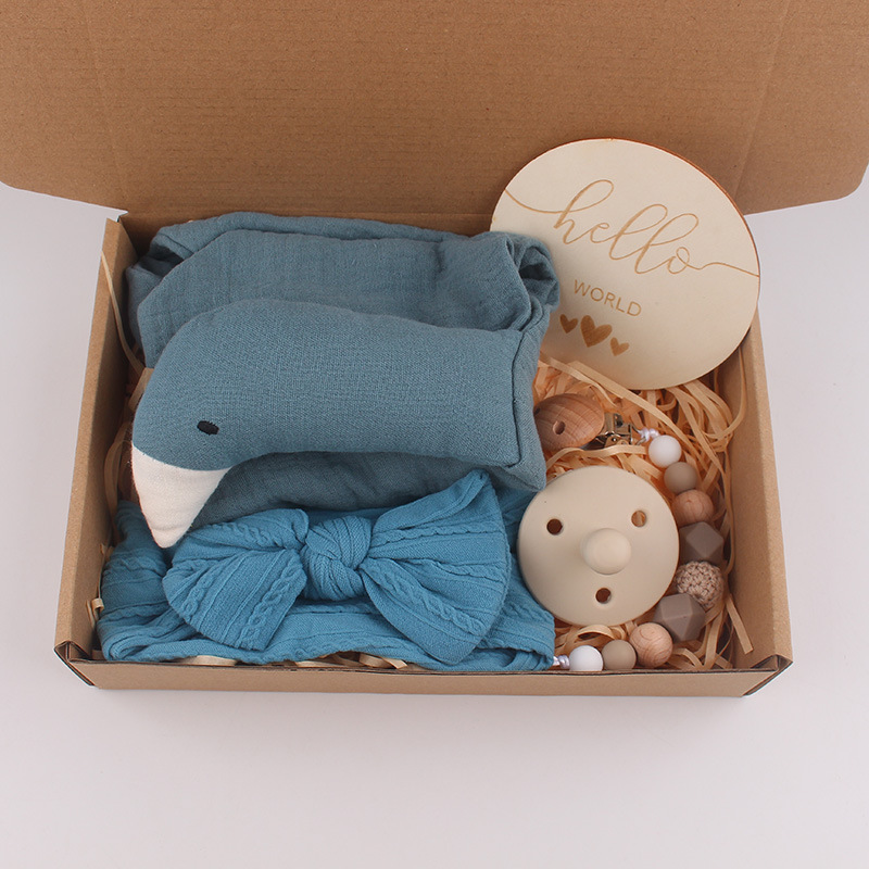 Baby algodón gaza toallas pacificantes marionetas cisne baby bow correa de cabello tetina cadena de cinco piezas caja