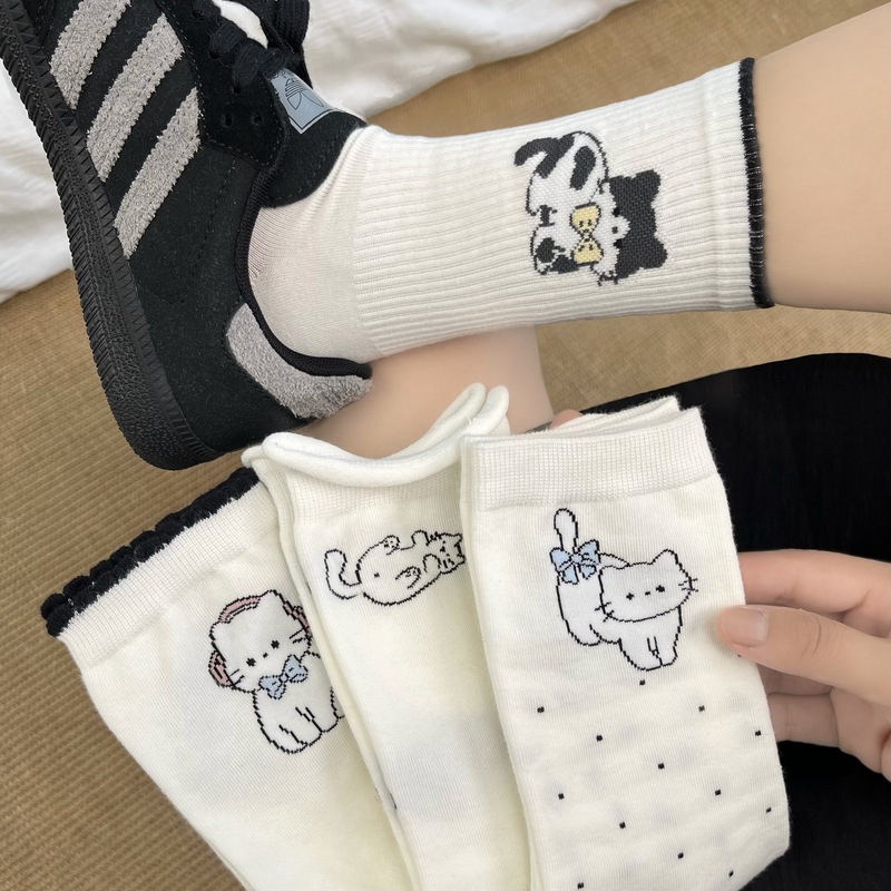 白色无骨袜子女纯棉中筒袜春秋季日系卡通猫咪堆堆袜可爱少女长袜|undefined