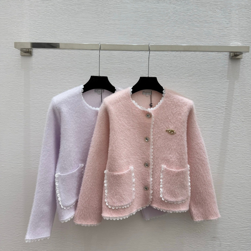 Shenzhen Nanyou Goods ~ High Version Ch Home 25 Early Autumn New Style Contrasting Lace Round Neck Knitted Long-Sleeved Cardigan