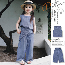 山系设计感女童坎肩长裤套装2026新款百搭儿童条纹无袖套装三件套