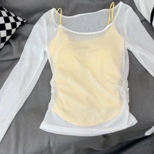 Нежный полый костюм для горячих девушек, плиссированный желтый костюм с длинными рукавами на подтяжках, новая летняя блузка из двух предметов, топ с защитой от солнца