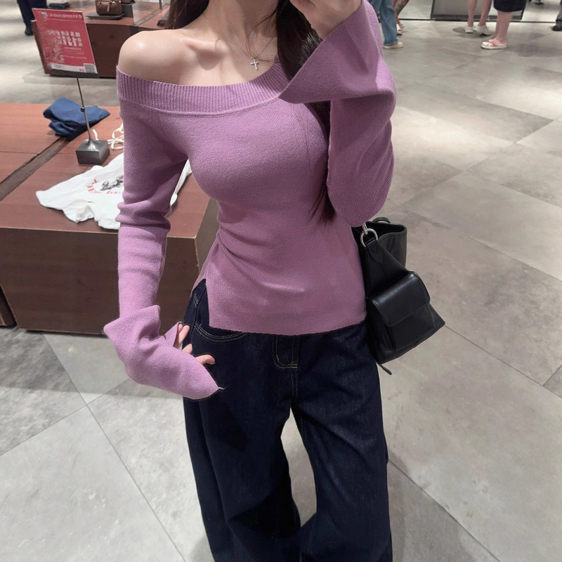 灰色长袖斜肩针织打底衫女装春季内搭露肩毛衣chic甜辣妹修身上衣|undefined