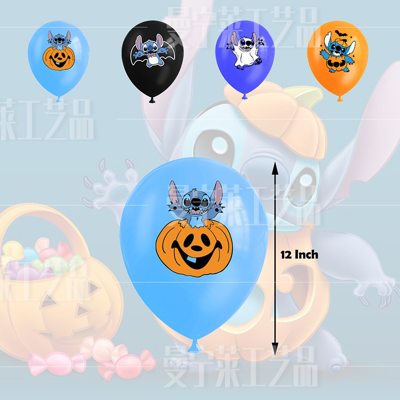 ハロウィーンのスティッチのテーマパーティーの装飾は旗の風船の背景の布のケーキを引っ張ります。|undefined