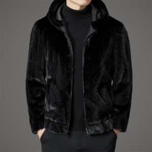 Men's Hooded Mink Fleece Coat Winter New Fashionable Thickened Two-Sided Sheeran Mink Fur Coat Windproof and Warm