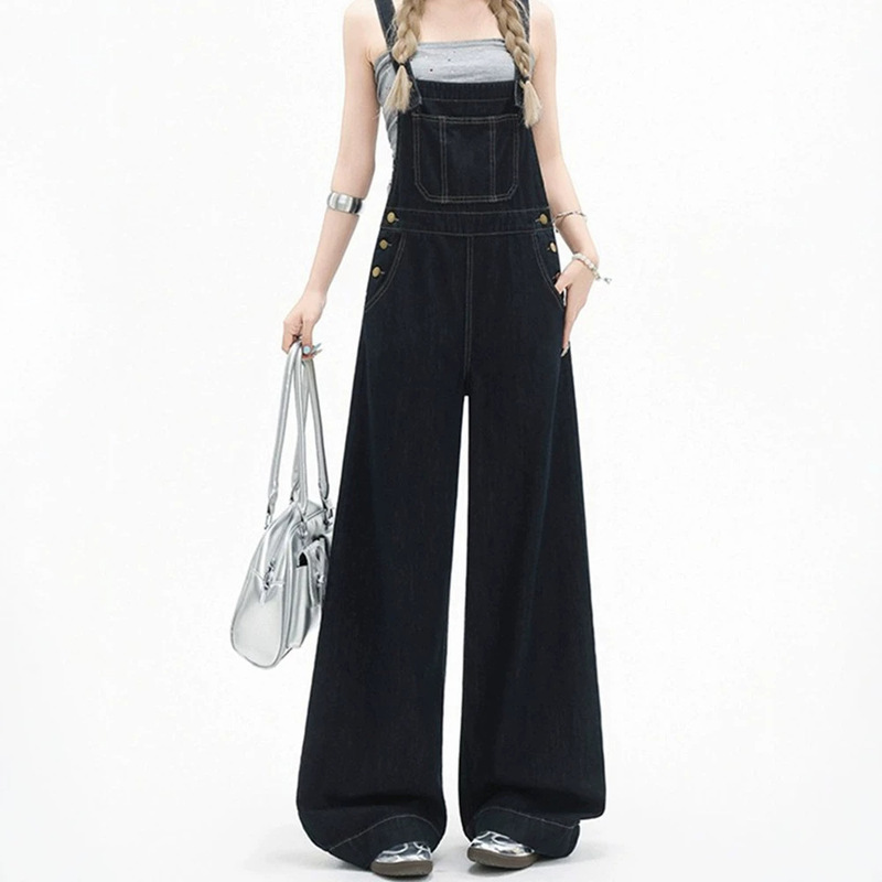 Denim blue wide-leg denim overalls for women, 2026 summer new style, versatile, vintage, loose, slimming, and drapey jumpsuit Denim blue wide-leg denim overalls for women, 2026 summer new style, versatile, vintage, loose, slimming, and drapey jumpsuit