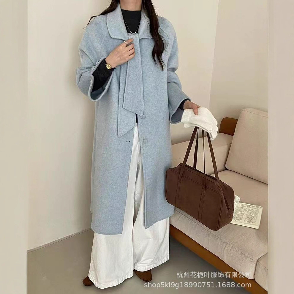 2025新款高级感双面呢羊毛羊绒大衣韩版少女甜美蝴蝶结毛呢女外套