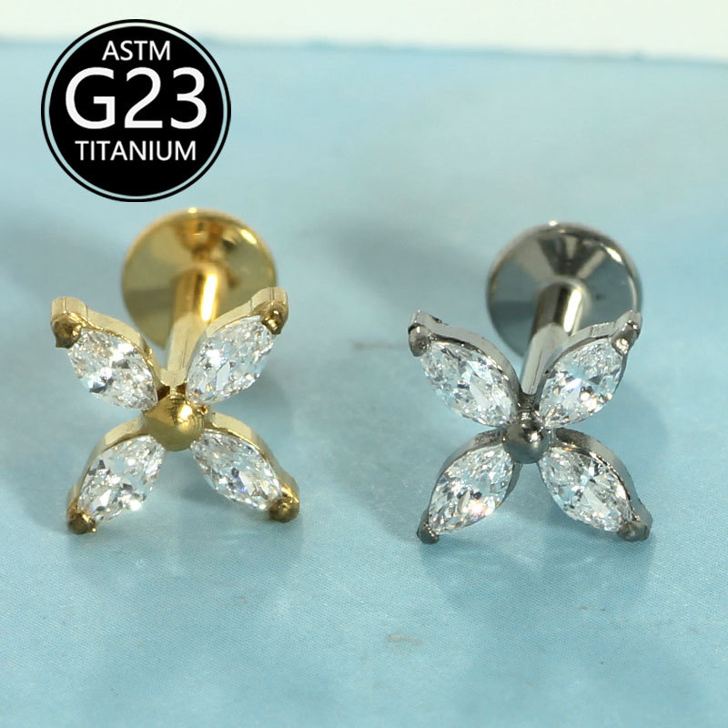 G23 Titanium Four-Petal Marquise Zircon Lip Labret Stud Unisex Elegant Versatile Lip Piercing Jewelry detail image 7