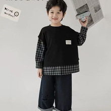 韩版新款男童格子拼接宽松落肩卫衣秋季儿童中大童圆领时尚上衣