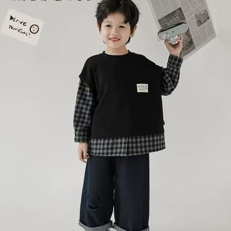 韩版新款男童格子拼接宽松落肩卫衣秋季儿童中大童圆领时尚上衣