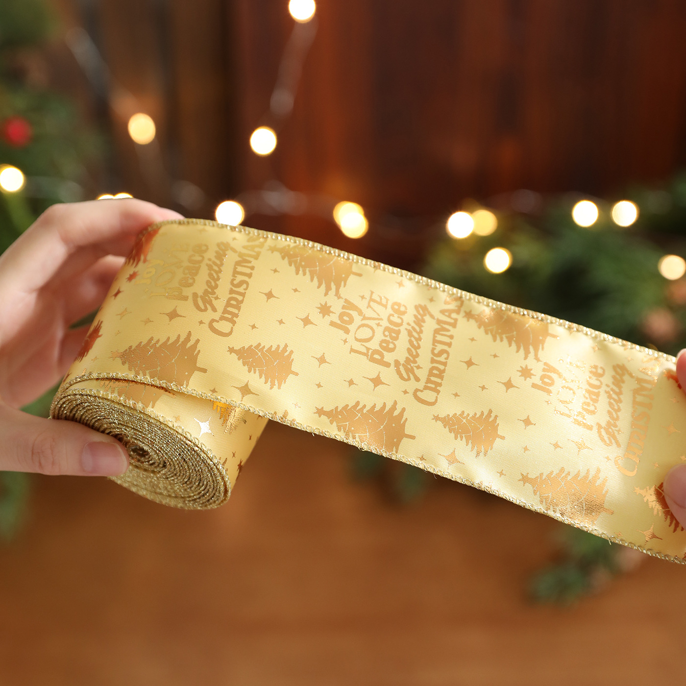 Tela de Navidad de cebolla dorada estampada caja de regalo de árbol de Navidad arco tejido cinta de cinta decoración cinta de colores cinta