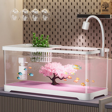 桌面鱼缸樱花生态造景金鱼缸过滤制氧自循环家用中小型带灯斗鱼缸